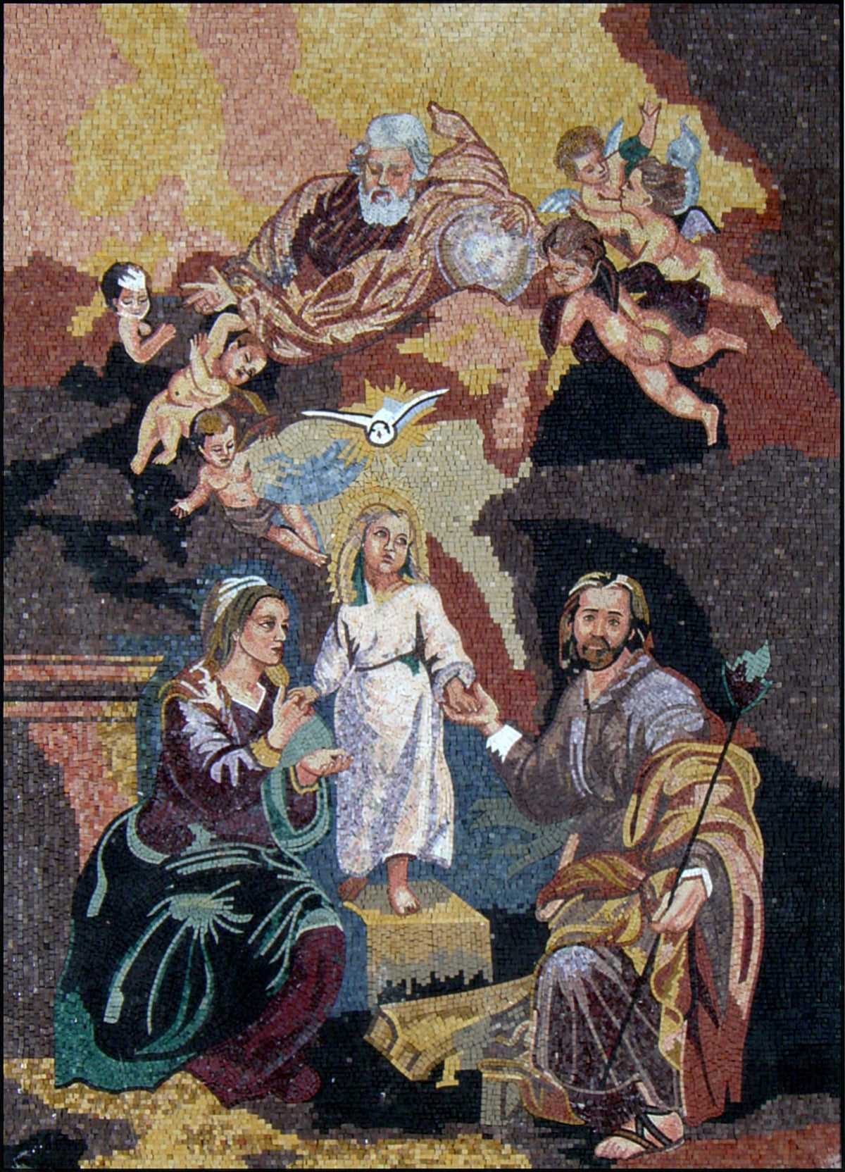Handmade Marble Mosaic Tile: The Two Trinities with Child Art