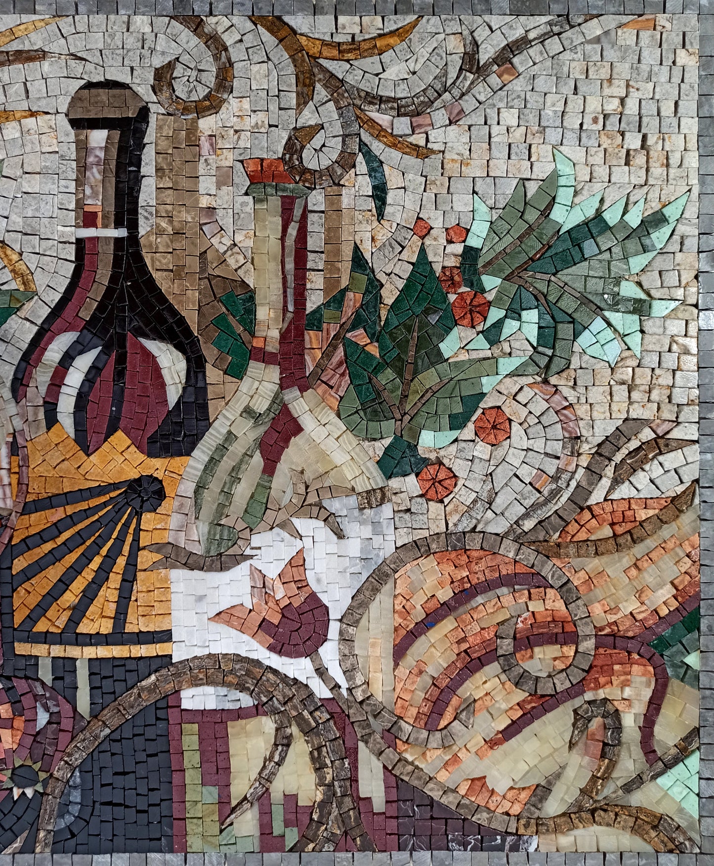 Tuscan Wine Mosaic: Handmade Marble Still Life Backsplash (27” x 19")
