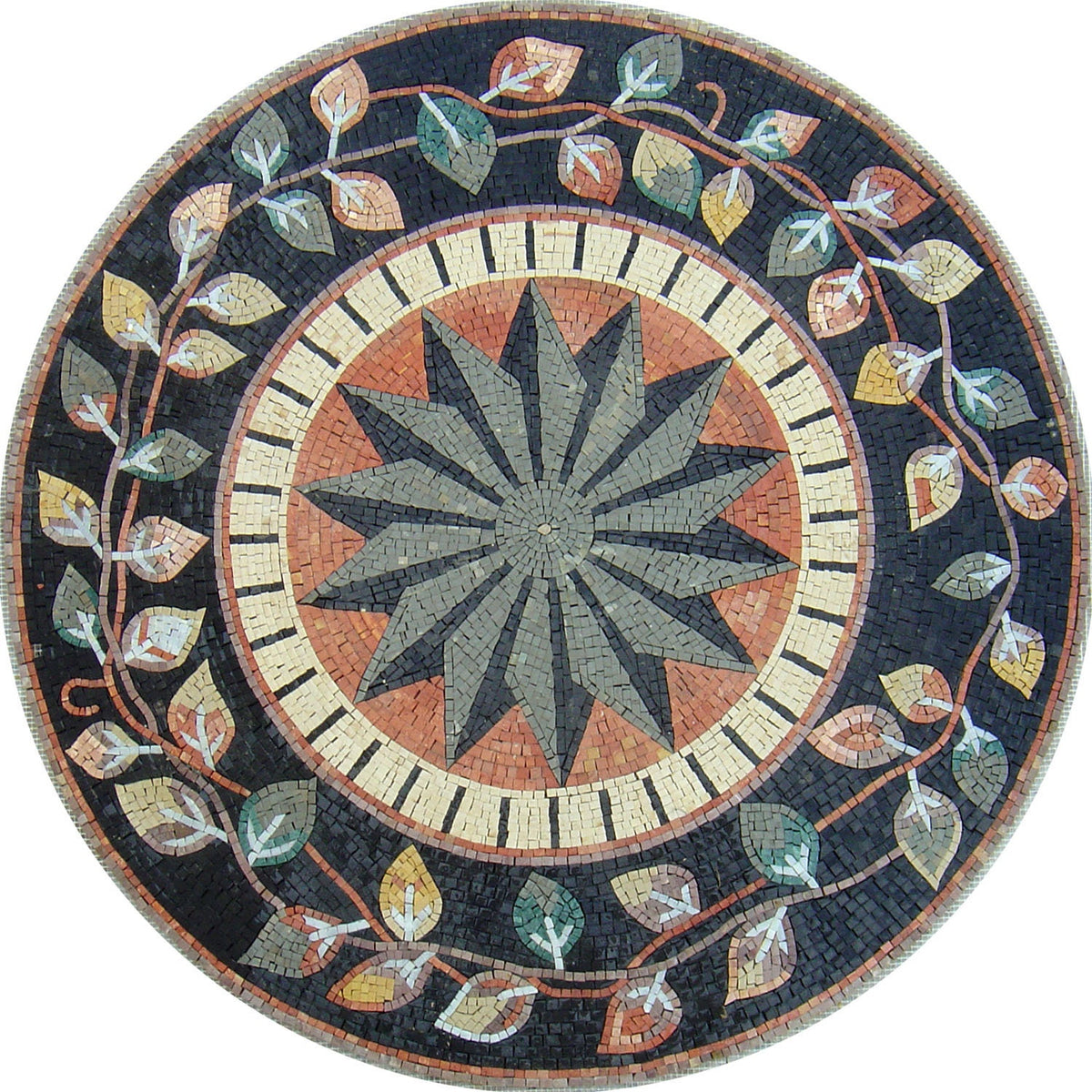 Floral Marble Mosaic Medallion - 40-Inch Handmade Art Tile
