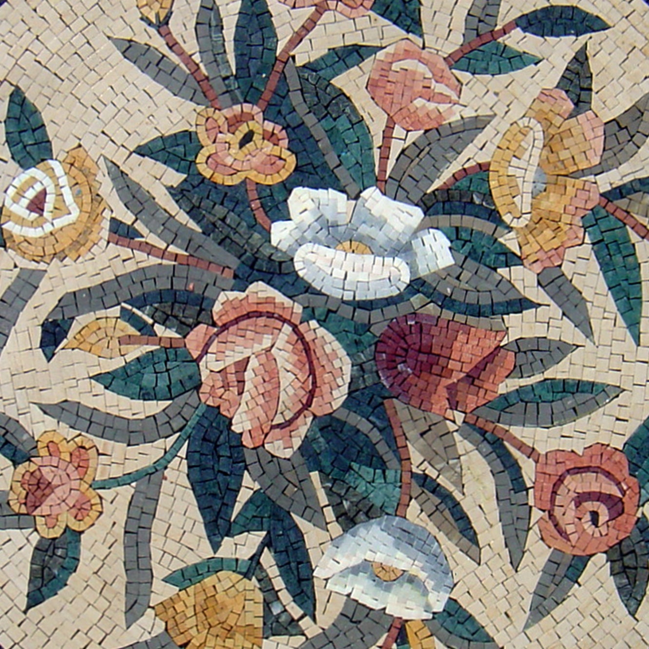 48" Handmade Marble Mosaic Medallion: Flowers & Vine