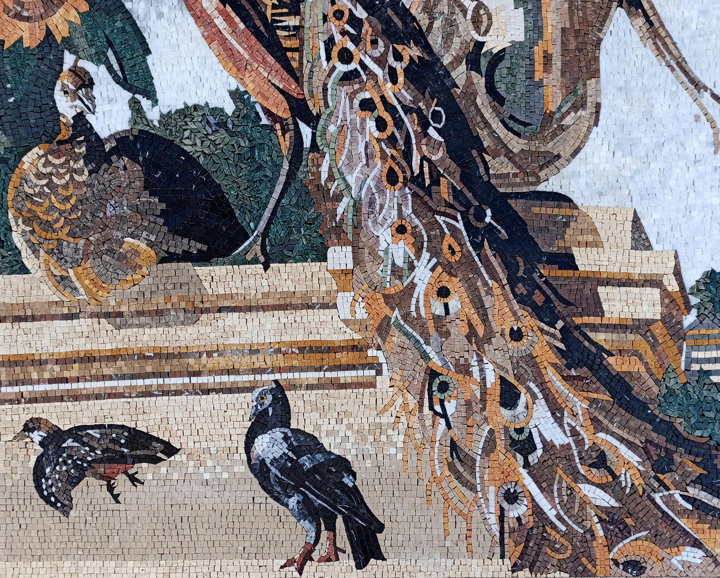 Handmade Bird Mosaic Tile: Peacock & Botanical Garden Wall Art (48” x 42”)
