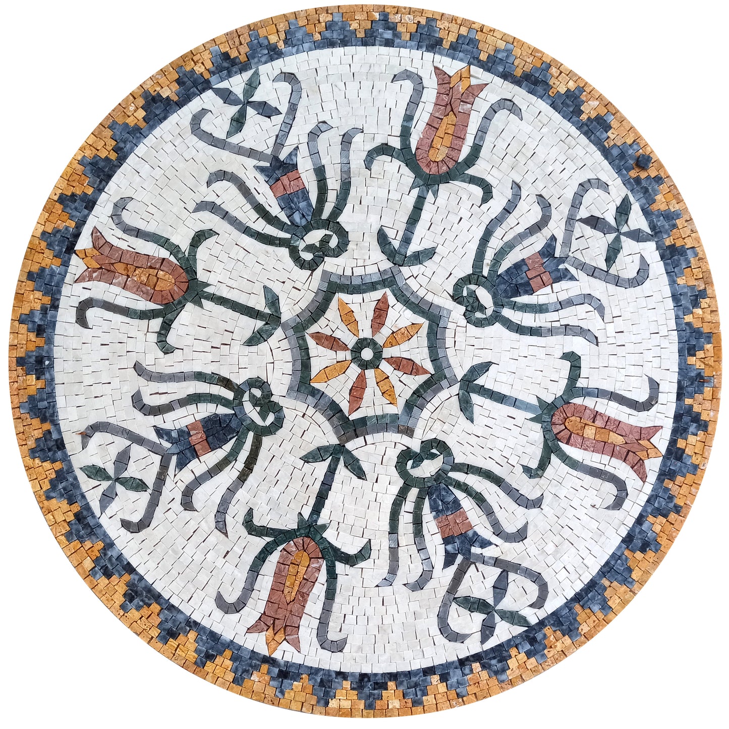 Handmade Floral Marble Mosaic Medallion - 32 Inch Art Tile Decor