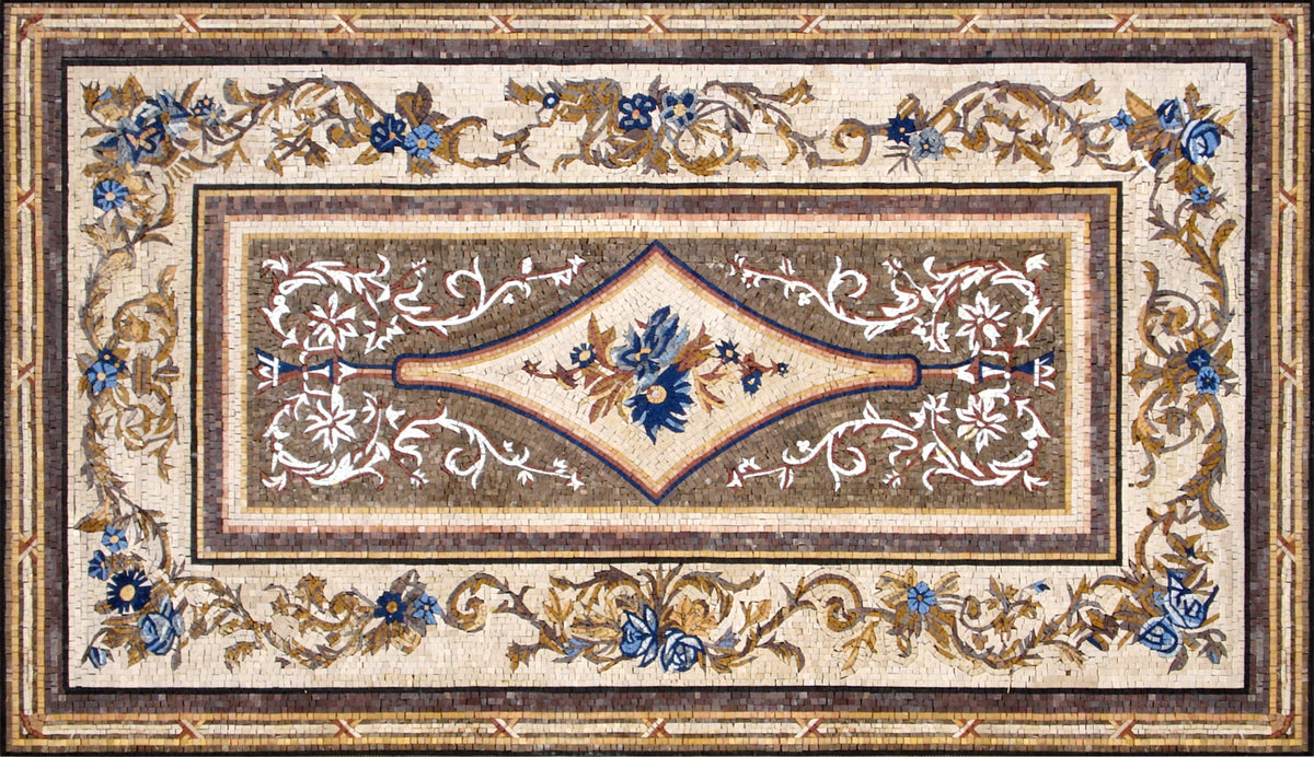 Handmade Floral Marble Mosaic Rug: Interior Floor Art (96” x 54”)