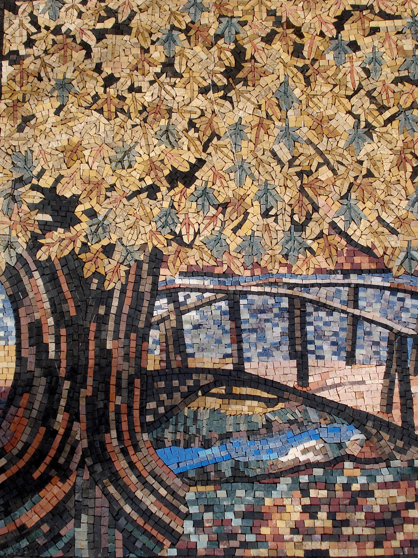 Handmade Autumn Mosaic Tile Art: River Bridge Scene, 50”x32”
