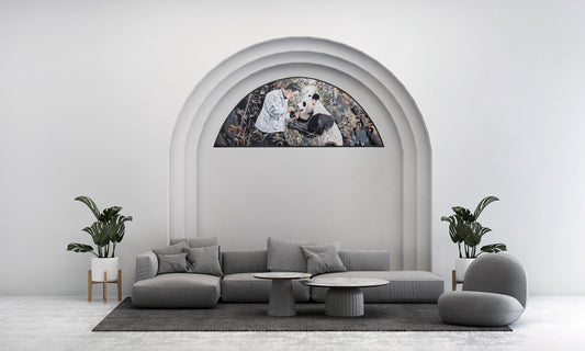 120"x50" Men with Panda Mosaic Wall Art – Nature-Inspired Home Decor, Customization Available