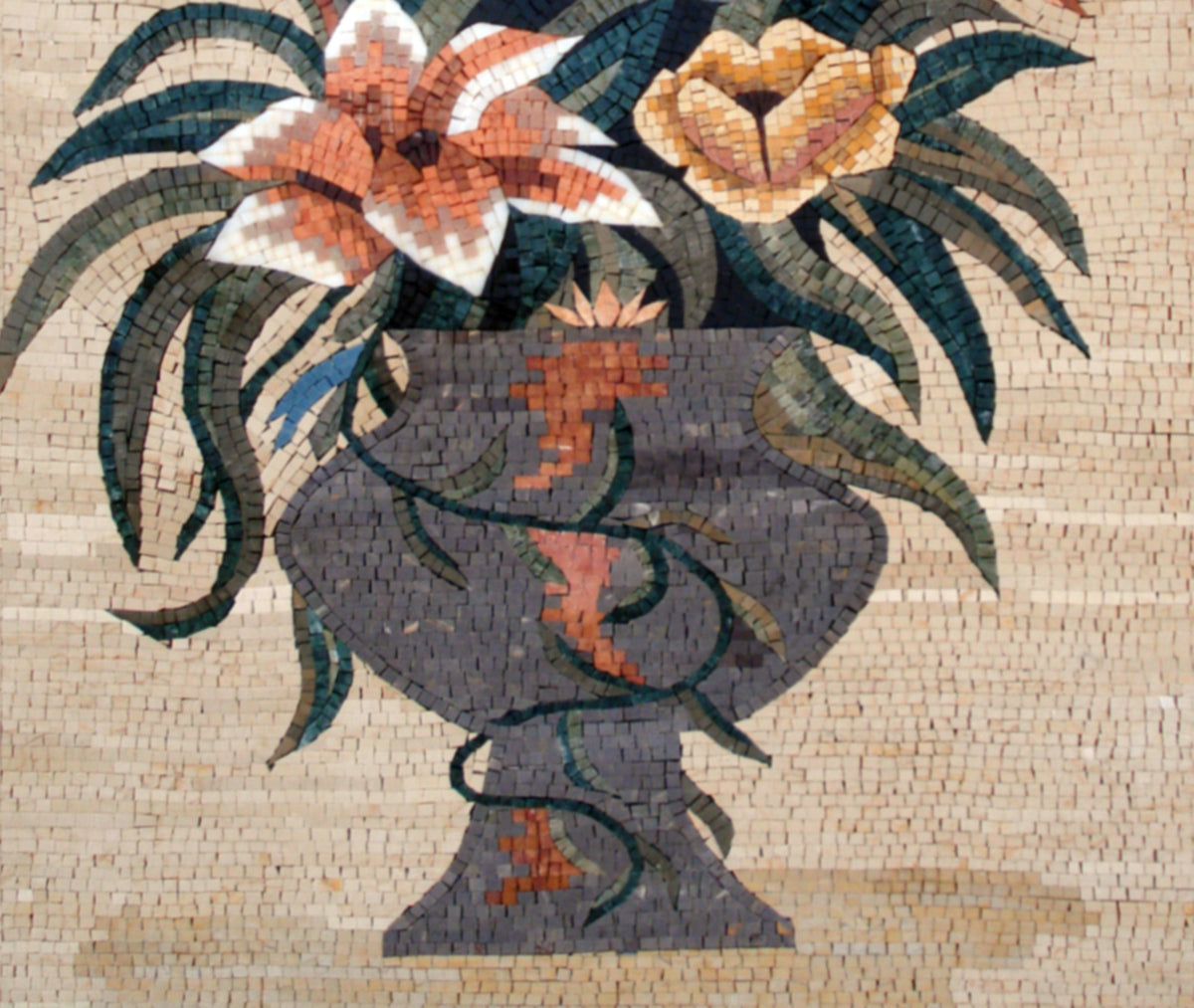 Handmade Marble Mosaic: Rose Flower Vase Wall Art Decor (44” x 32”)