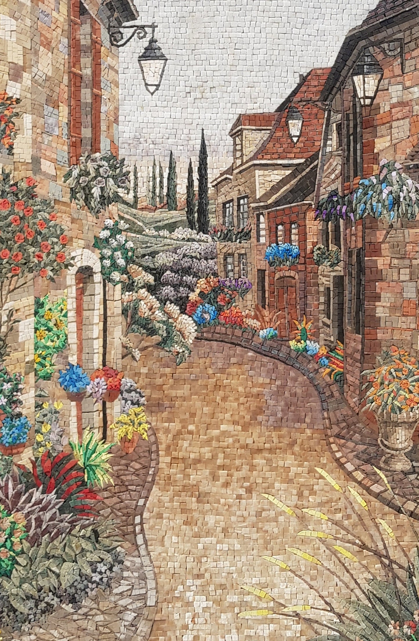 Handmade Marble Mosaic Mural: Botanical European Village Scene
