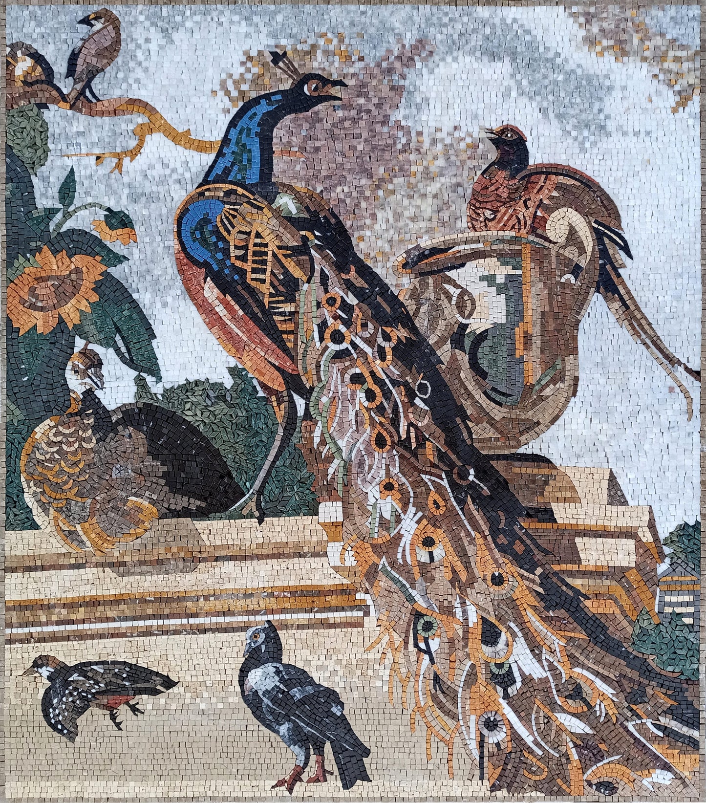 Handmade Bird Mosaic Tile: Peacock & Botanical Garden Wall Art (48” x 42”)