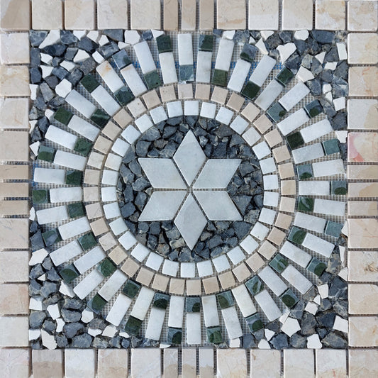 Blue Marble Mosaic Tile: Handmade Medallion, Garden Decor (24x24")