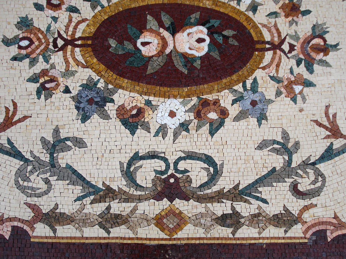 Handmade Natural Stone Rug: Floral Mosaic Art Tile (80” x 48")