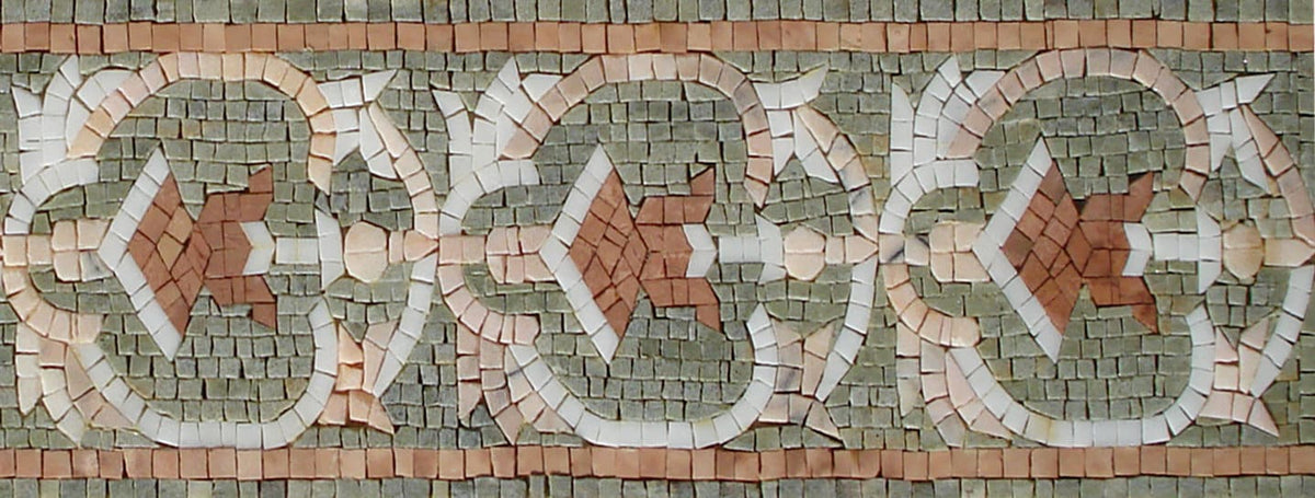 Botanical Mosaic Tile Border: Geometric Floral Marble Artwork (40x8”)