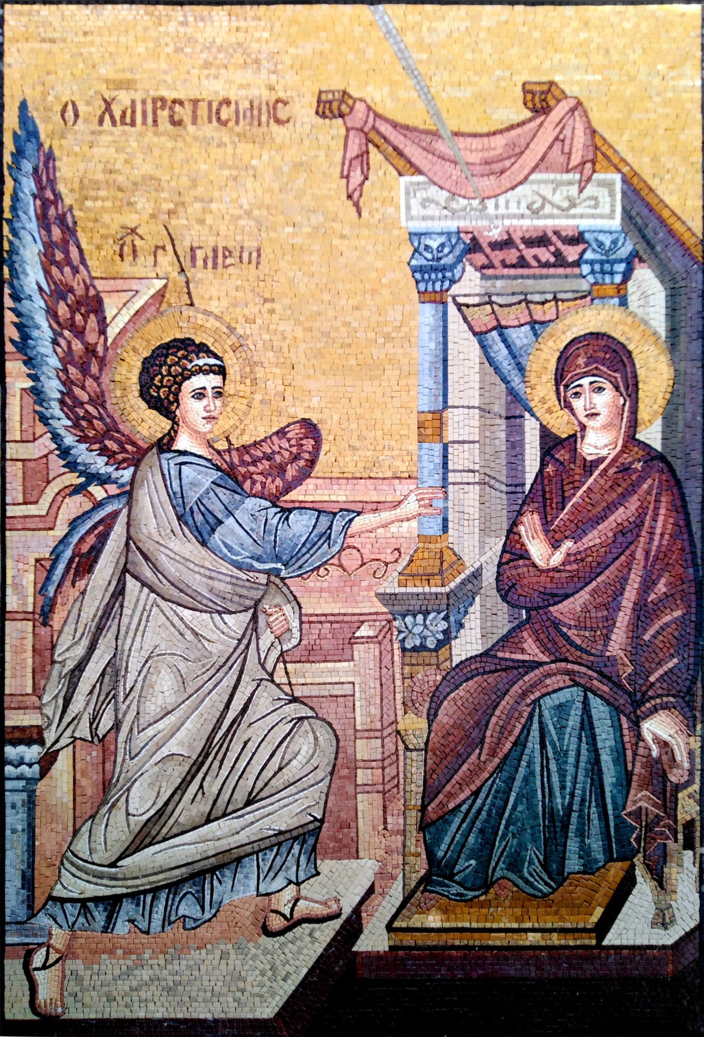 Virgin Mary and Angel Mosaic Mural: Handmade Christian Art (60” x 40”)