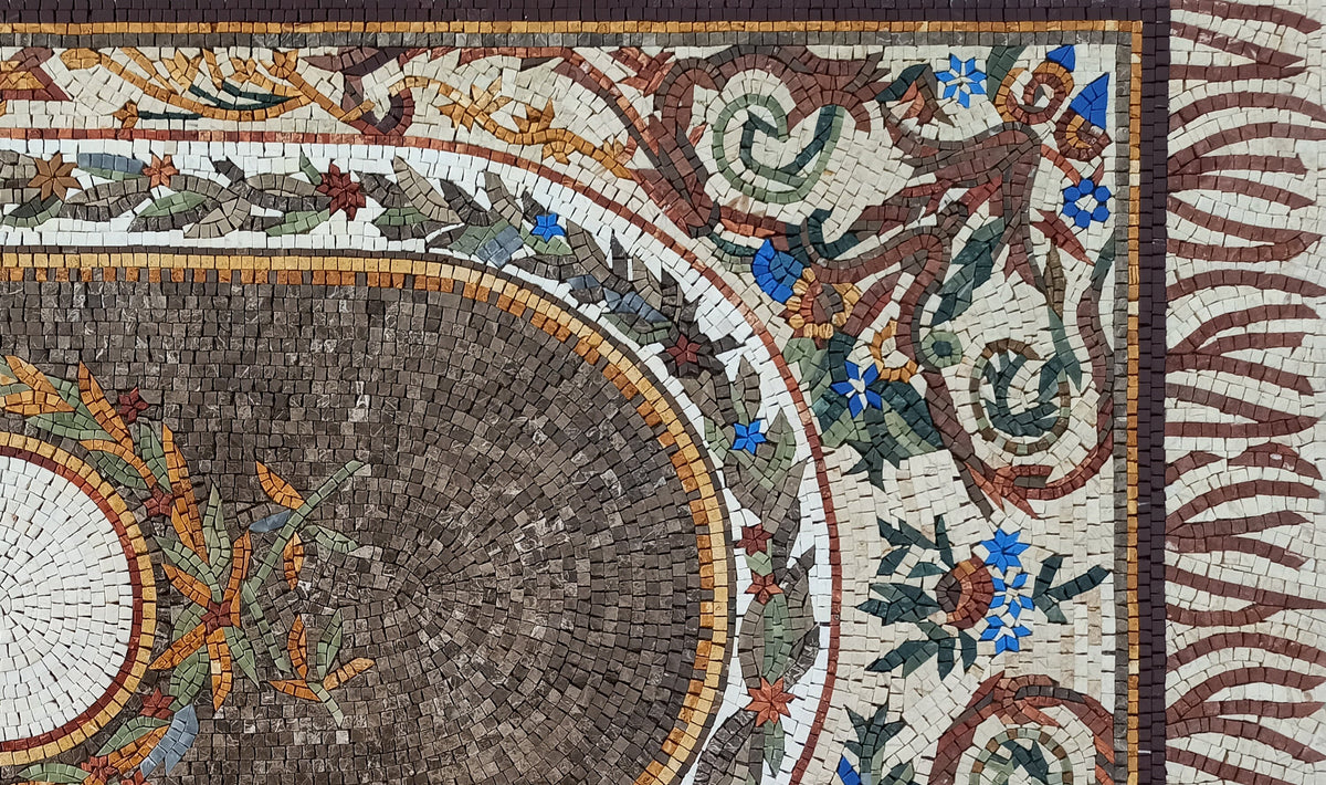 Handmade Marble Stone Mosaic Rug: Floral Art, Large Luxury Rug (108” x 36")