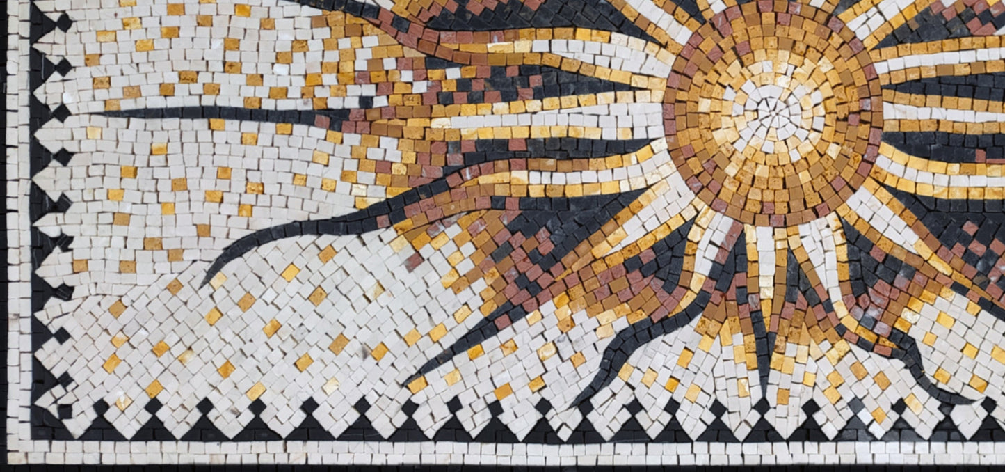 Flaming Sun Marble Mosaic Rug: Handmade Celestial Tile Art