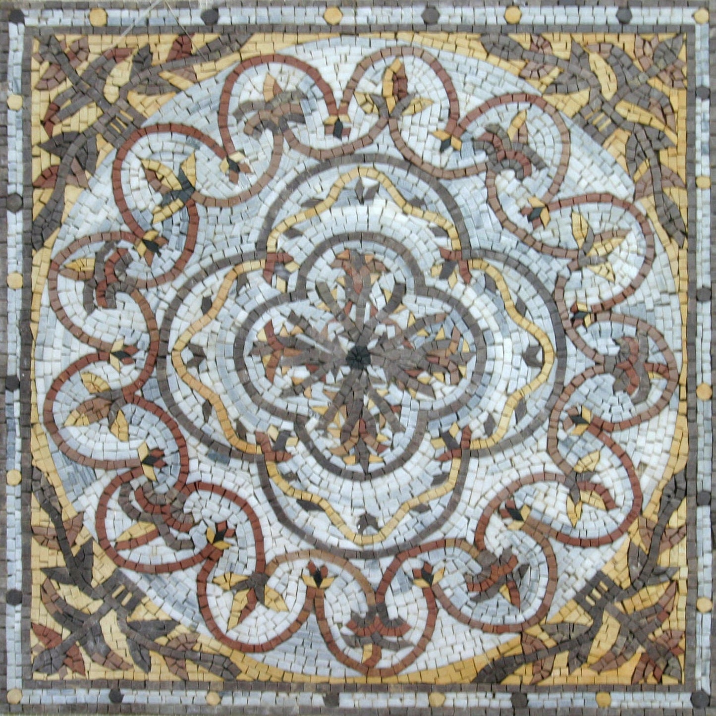 40" Square Marble Mosaic Floor Tile: Floral Medallion Artwork