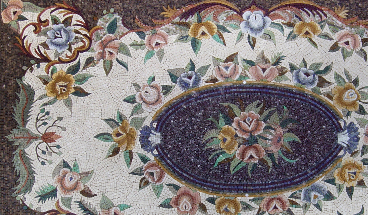 Handmade Marble Mosaic Rug: Floral Art Tile, Home Decor (64” x 110")