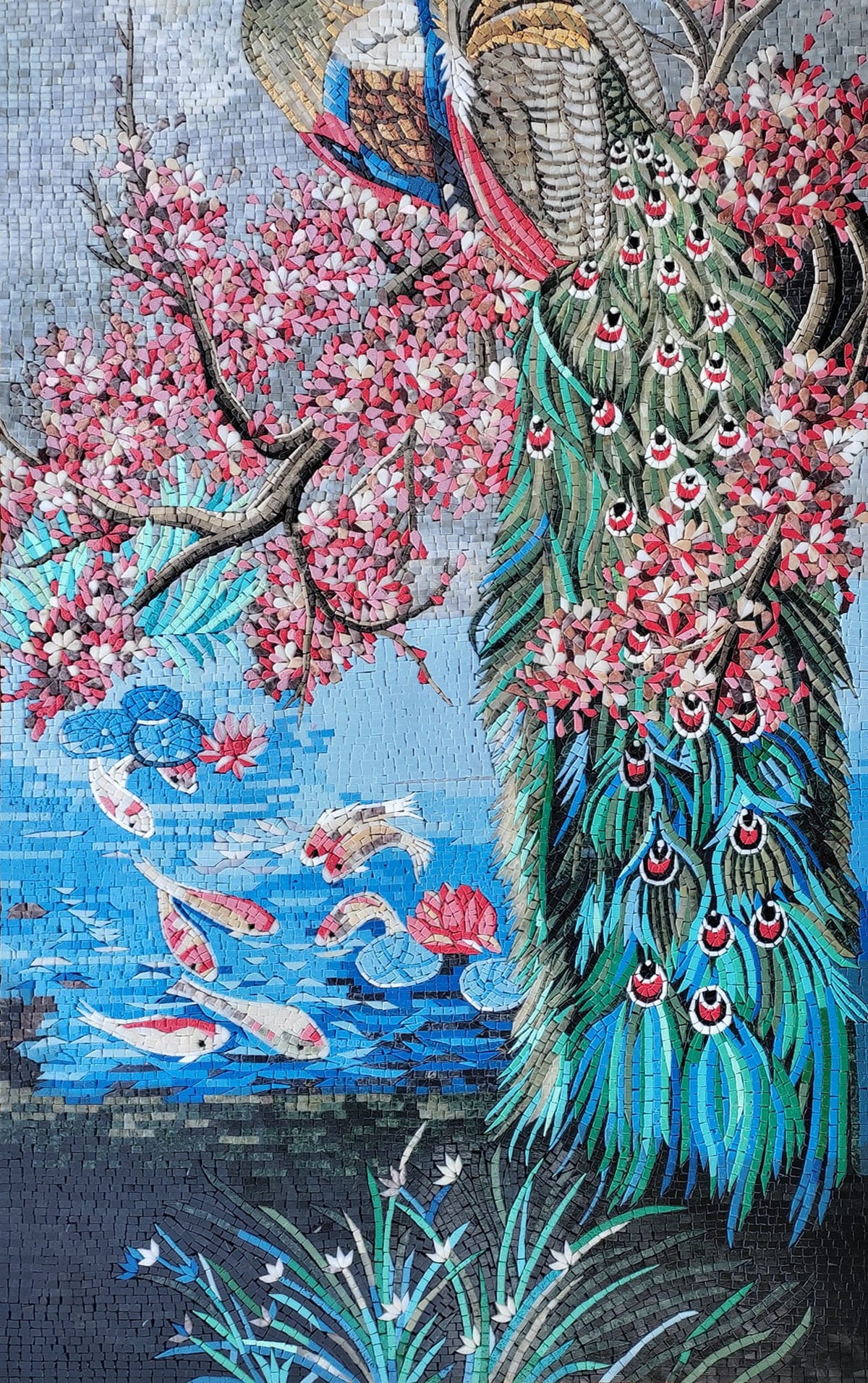 Handmade Peacock Mosaic Tile Art: Cherry Tree & Koi Pond (64” x 32”)