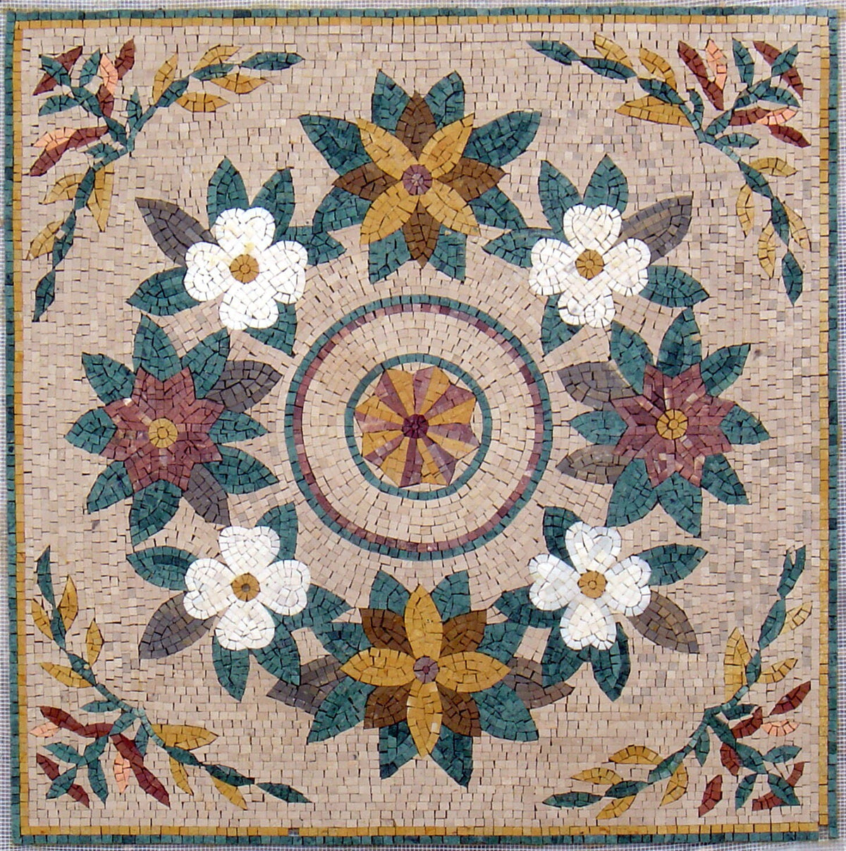 36" Floral Marble Mosaic Tile: Geometric Inlay Artwork