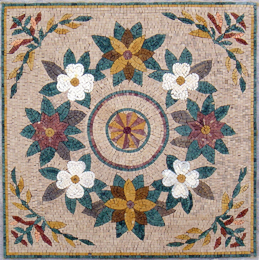 36" Floral Marble Mosaic Tile: Geometric Inlay Artwork