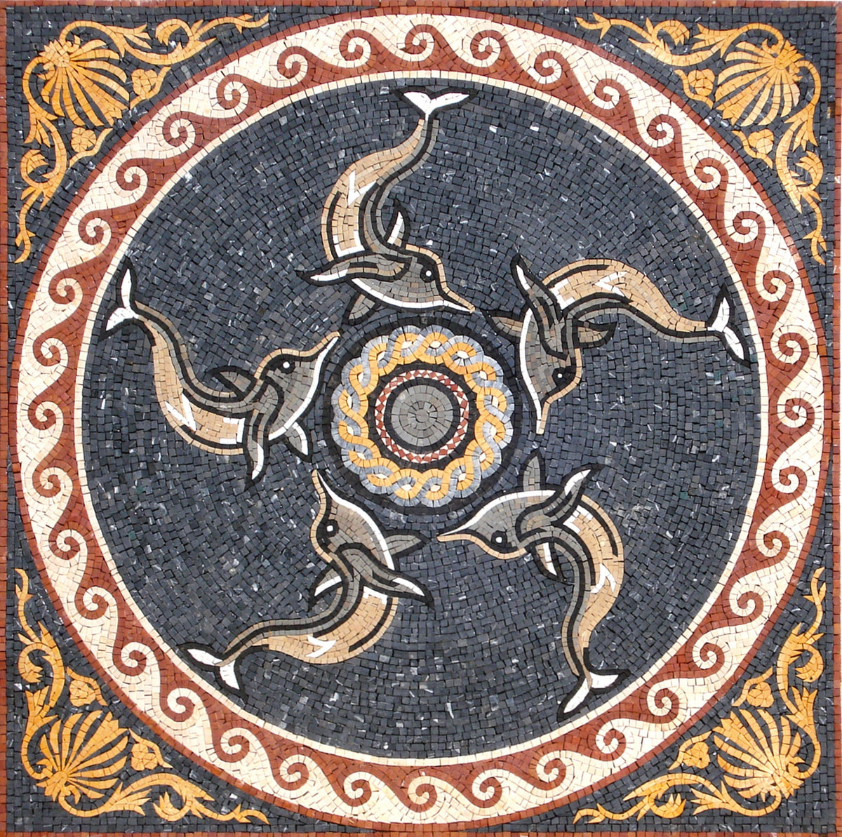 Handmade Dolphin Mosaic Tile Medallion: Marble Art (48x48)